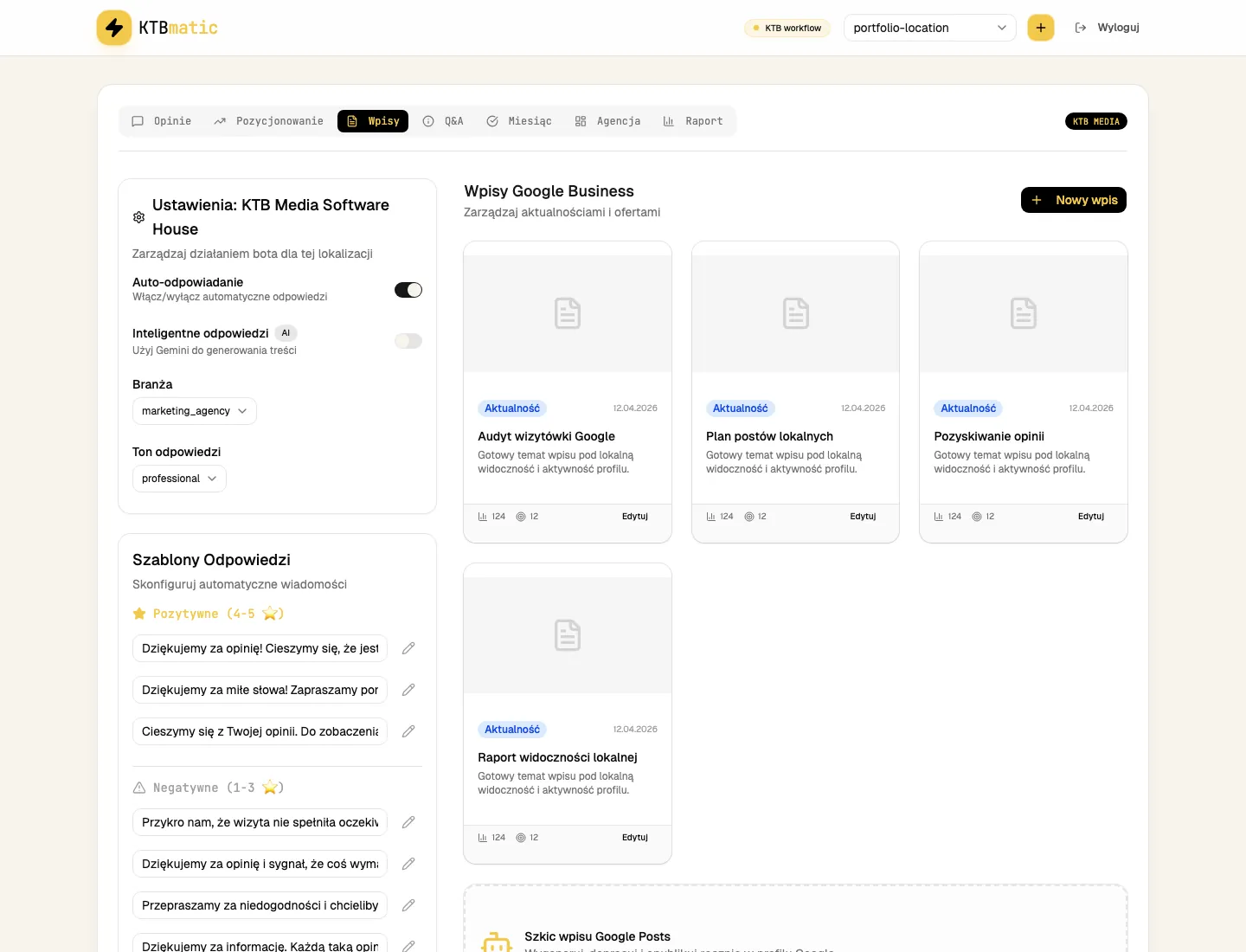 Wpisy Google Business — edytor treści