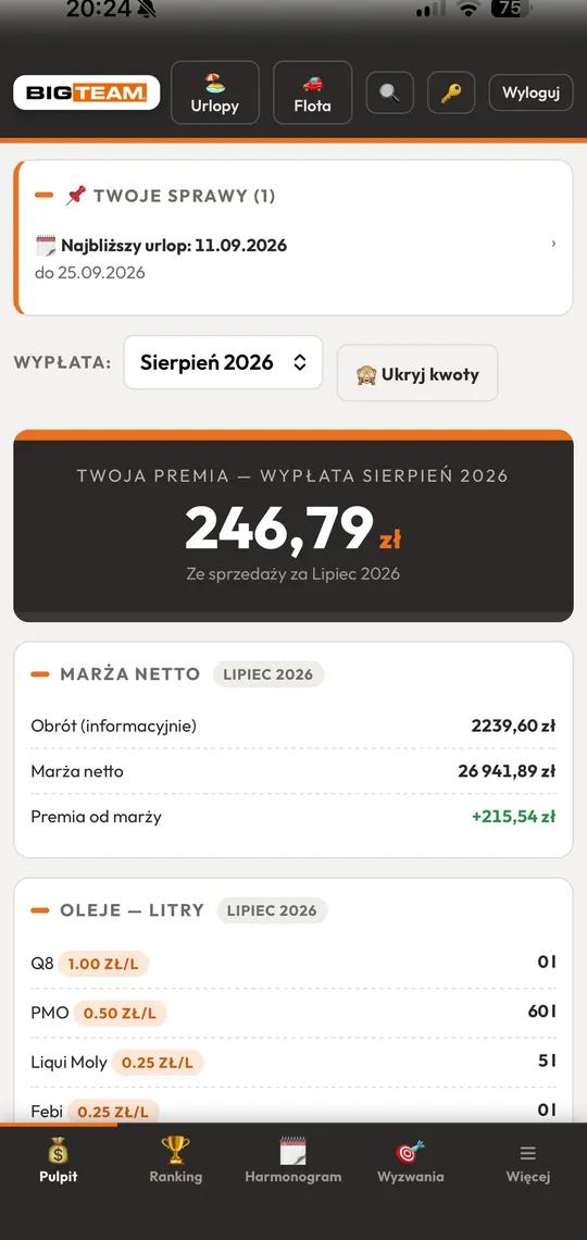 Pulpit — premia wyliczana na żywo